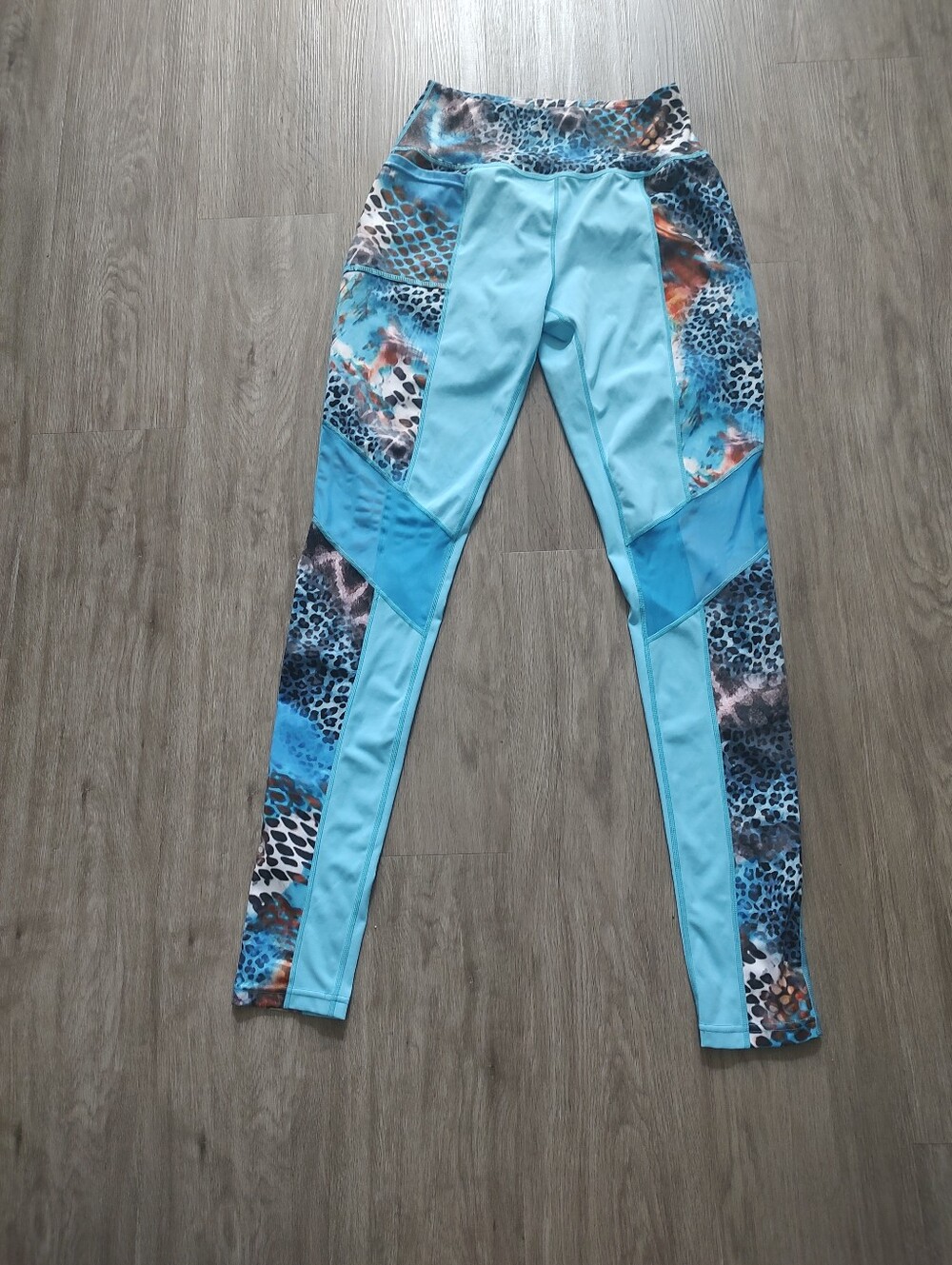 Sassy Jones Blue Performance Leggings with Patterned Panels
